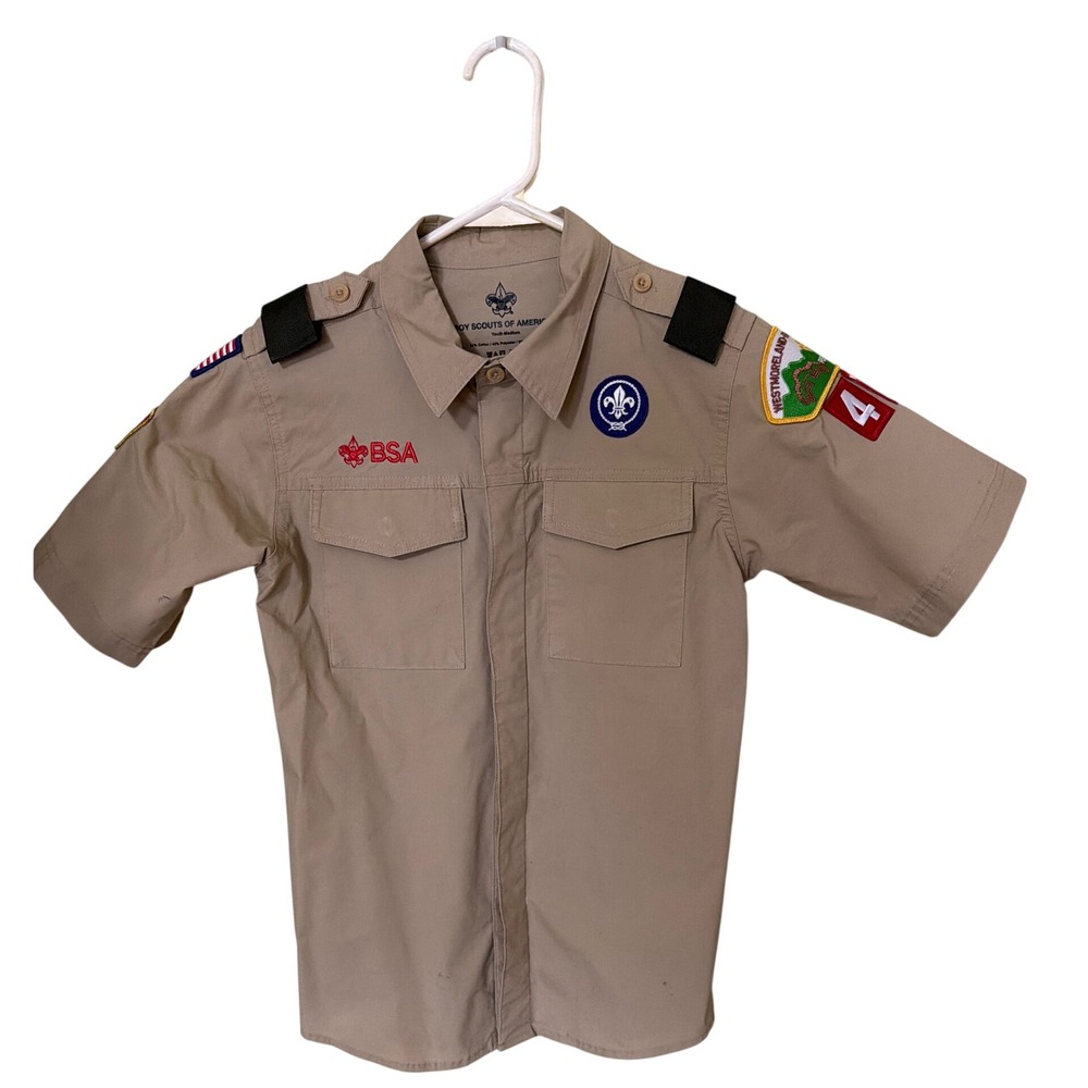 Boy Scouts of America BSA Tan Uniform Shirt Youth Medium Sewen On Ptches
